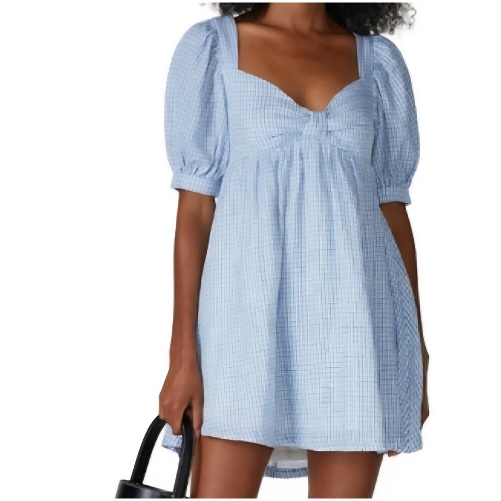 RTR Now Blue Gingham Babydoll Mini Dress size L blue white milkmaid cotton